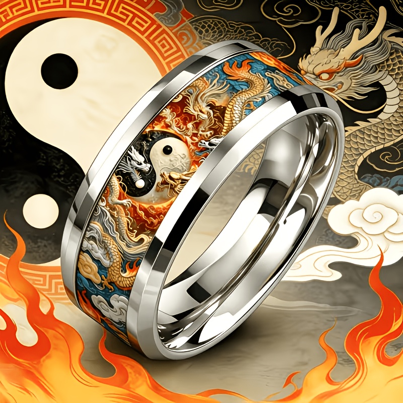 Taiji Nine Dragons Enamel Stainless Steel Ring